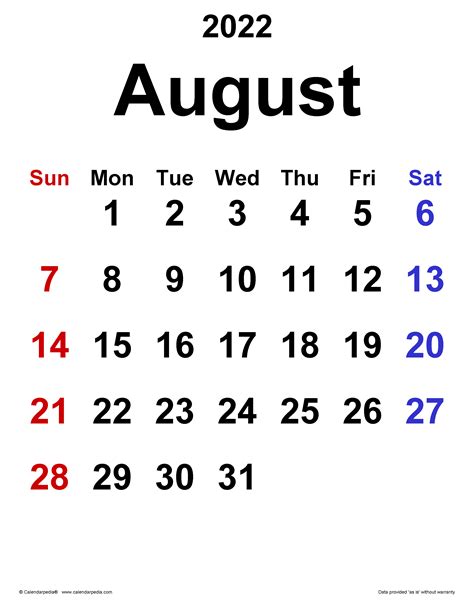 Aug 2022 Calendar