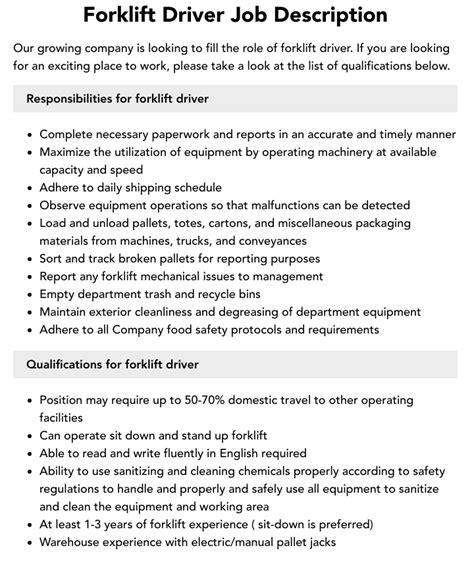 Forklift Driver Job Description