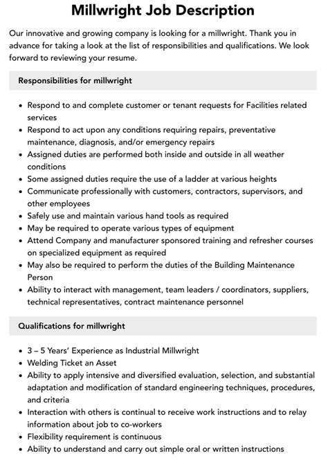 Millwright Job Description