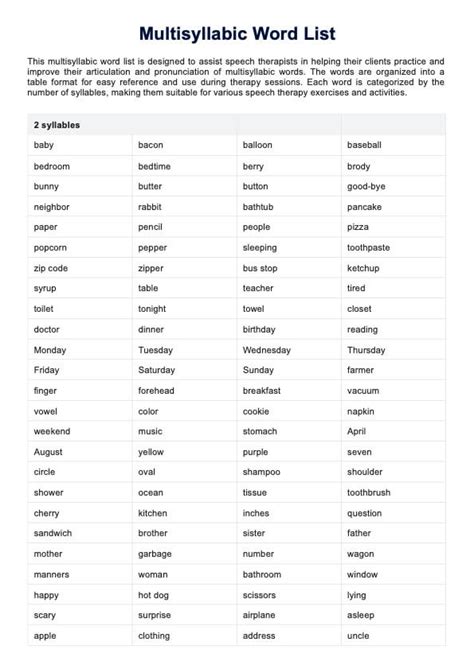 Multisyllabic Word List