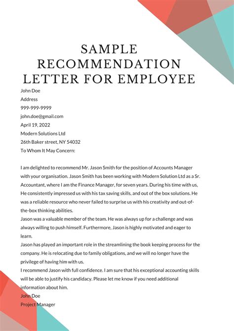 Sample Recommendation Letter For Employee